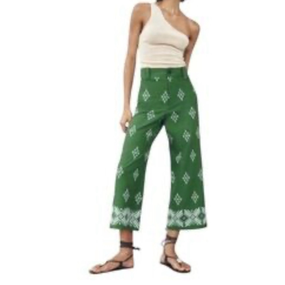 Zara Green Geometric Wide-Leg Cropped Pants
